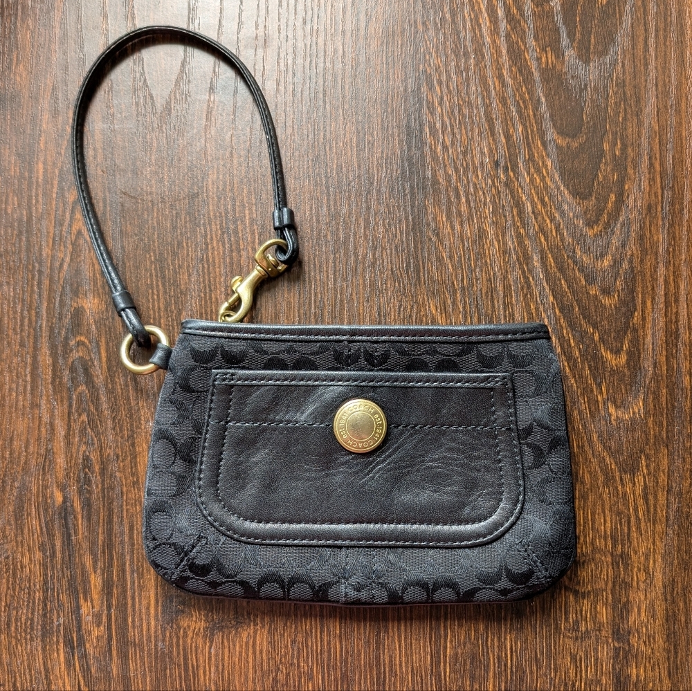 Coach Black Leather Signature Canvas Small Wristlet Wallet Bag